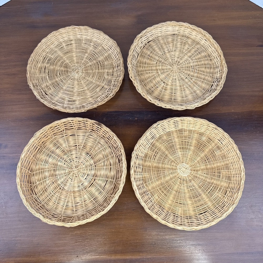 VTG Set of 4: Wicker Rattan Bamboo Round Paper Plate Holders 10"‎ Diameter